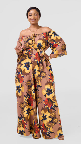 Vivo Zahari 3/4 Sleeve Off-Shoulder Jumpsuit - Brown / Dark Mustard Print