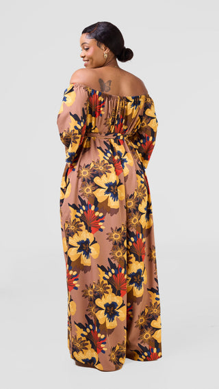 Vivo Zahari 3/4 Sleeve Off-Shoulder Jumpsuit - Brown / Dark Mustard Print