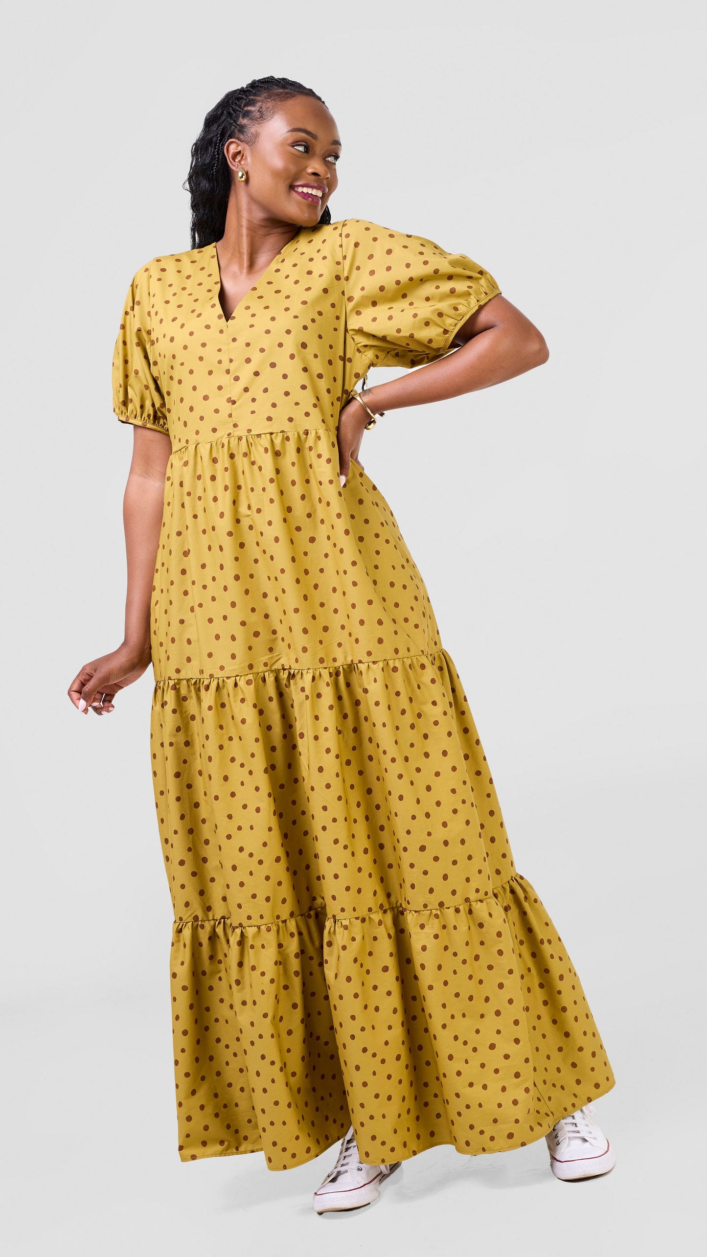 Safari Nazari Three Tiered Maxi Dress - Mustard / Brown Polka Dot Print