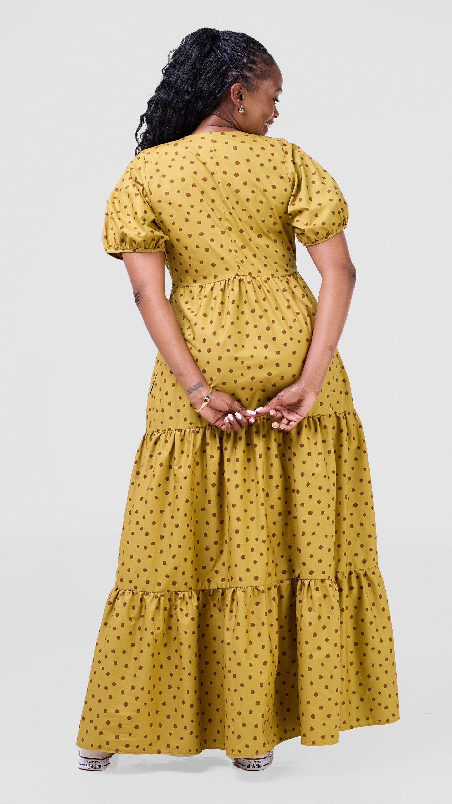 Safari Nazari Three Tiered Maxi Dress - Mustard / Brown Polka Dot Print