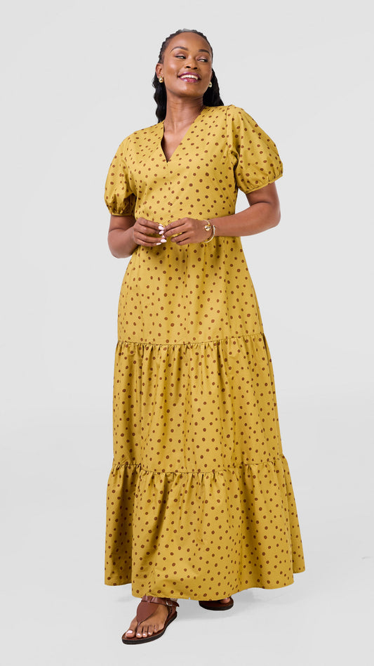 Safari Nazari Three Tiered Maxi Dress - Mustard / Brown Polka Dot Print
