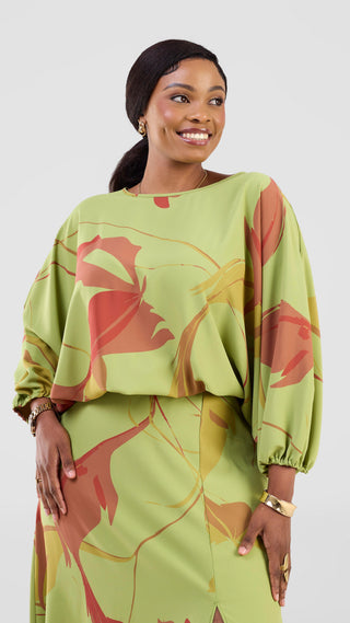 Vivo Kemi Dolman Top - Lime Green / Maroon Emi Print