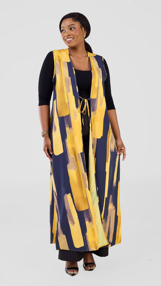 Vivo Isabi Sleeveless Kimono - Dark Navy / Yellow Pasi Print