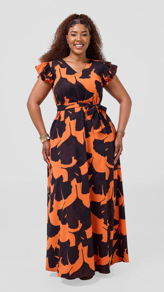 Vivo Nasinka A-Line Maxi Dress - Orange / Black Tilla Print