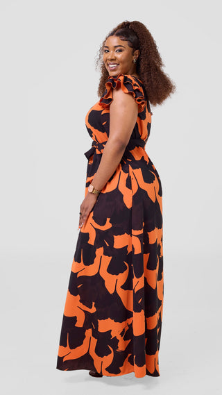 Vivo Nasinka A-Line Maxi Dress - Orange / Black Tilla Print