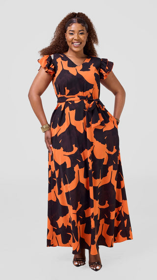 Vivo Nasinka A-Line Maxi Dress - Orange / Black Tilla Print
