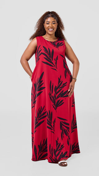 Vivo Basic Sleeveless Tent Maxi Dress - Dark Red / Black Ewale Print