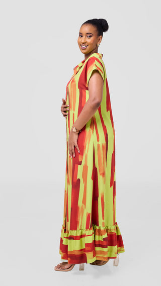 Vivo Maisha Drop Shoulder Maxi Dress - Olive / Dark Red Pasi Print