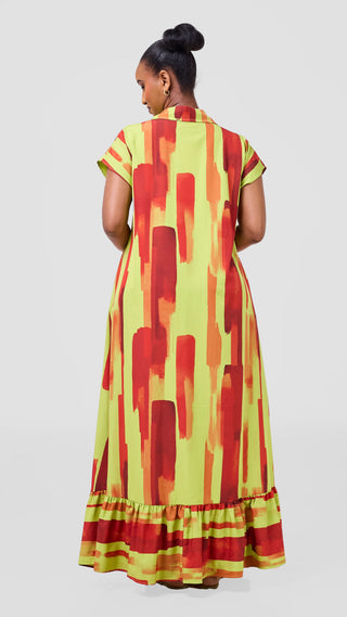 Vivo Maisha Drop Shoulder Maxi Dress - Olive / Dark Red Pasi Print
