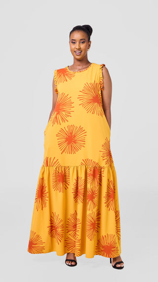 Vivo Ava Tent Flounce Maxi Dress - Mustard Orange Sella Print