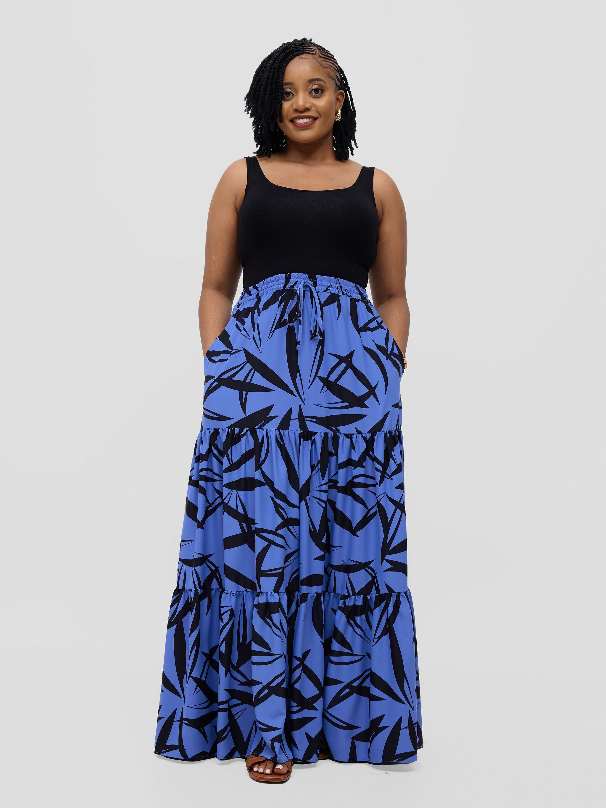 Vivo Serwa Tiered Maxi Skirt - Blue / Black Wera Print