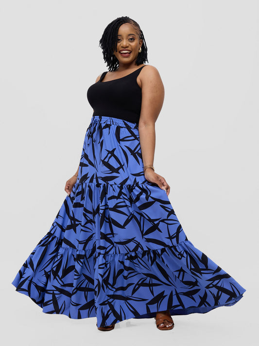 Vivo Serwa Tiered Maxi Skirt - Blue / Black Wera Print