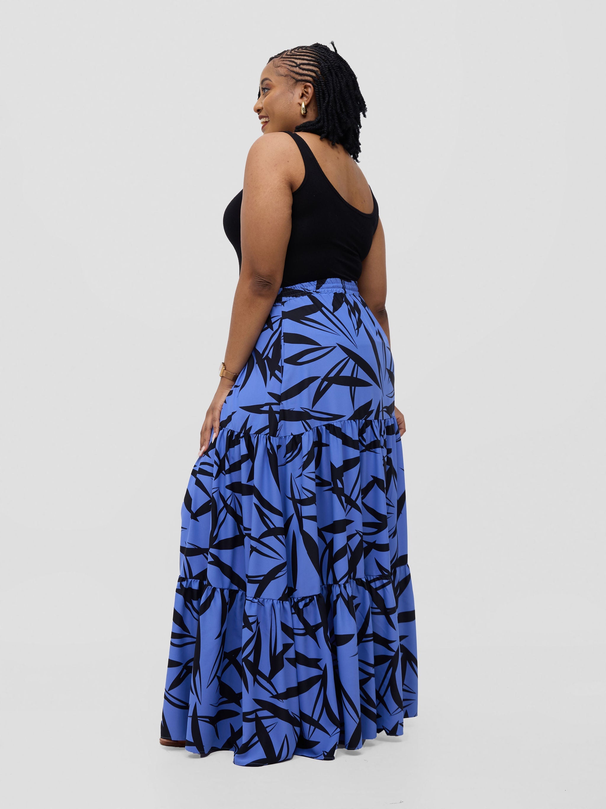 Vivo Serwa Tiered Maxi Skirt - Blue / Black Wera Print