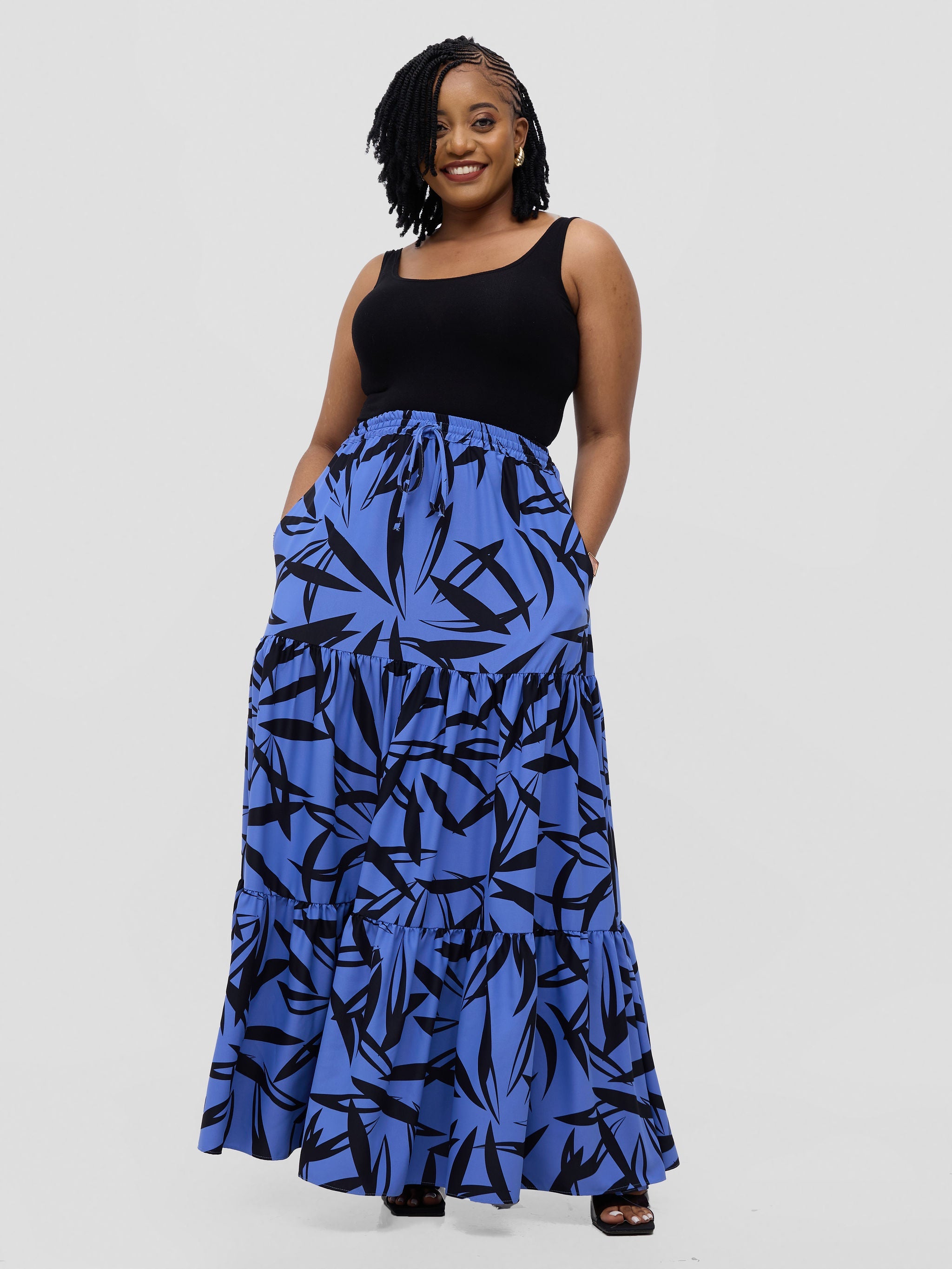 Vivo Serwa Tiered Maxi Skirt - Blue / Black Wera Print