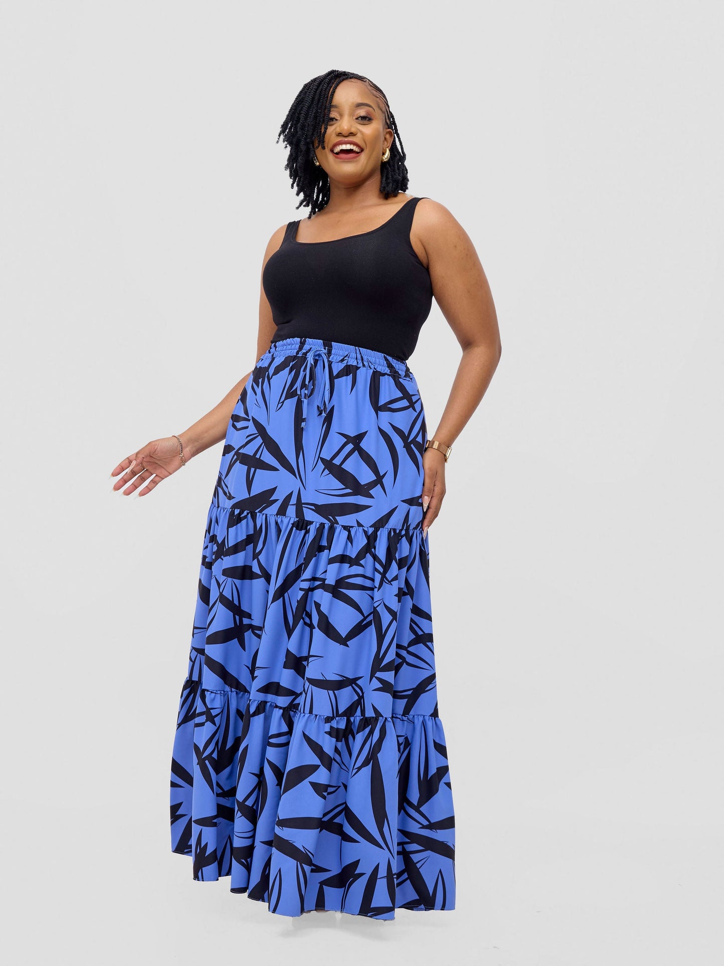 Vivo Serwa Tiered Maxi Skirt - Blue / Black Wera Print