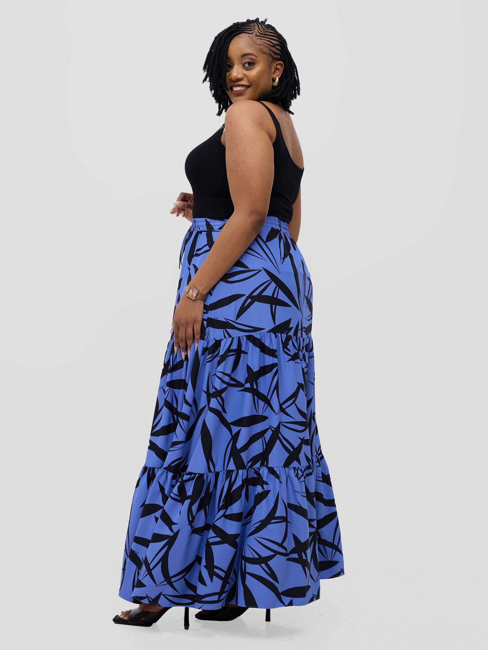 Vivo Serwa Tiered Maxi Skirt - Blue / Black Wera Print