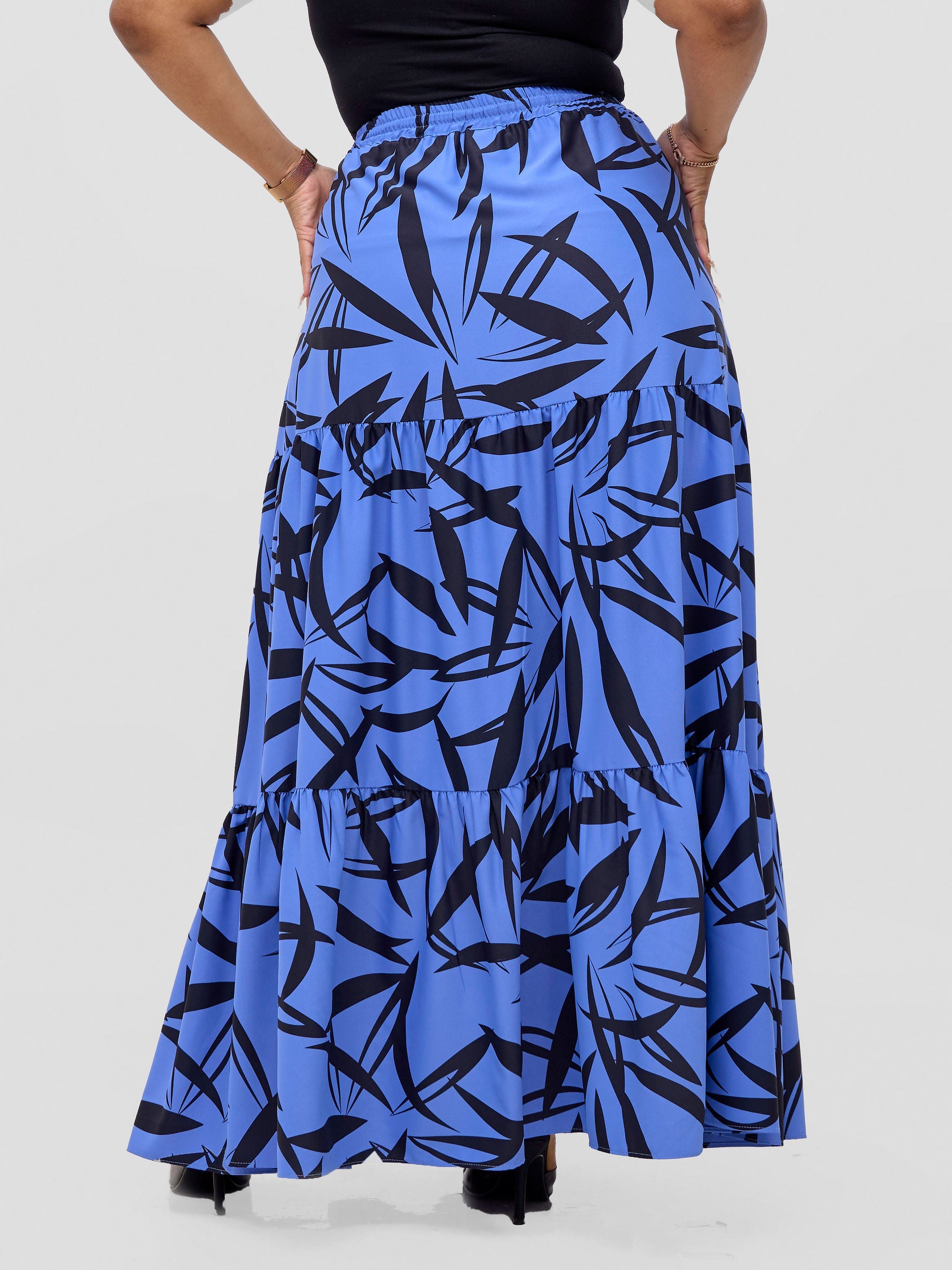 Vivo Serwa Tiered Maxi Skirt - Blue / Black Wera Print