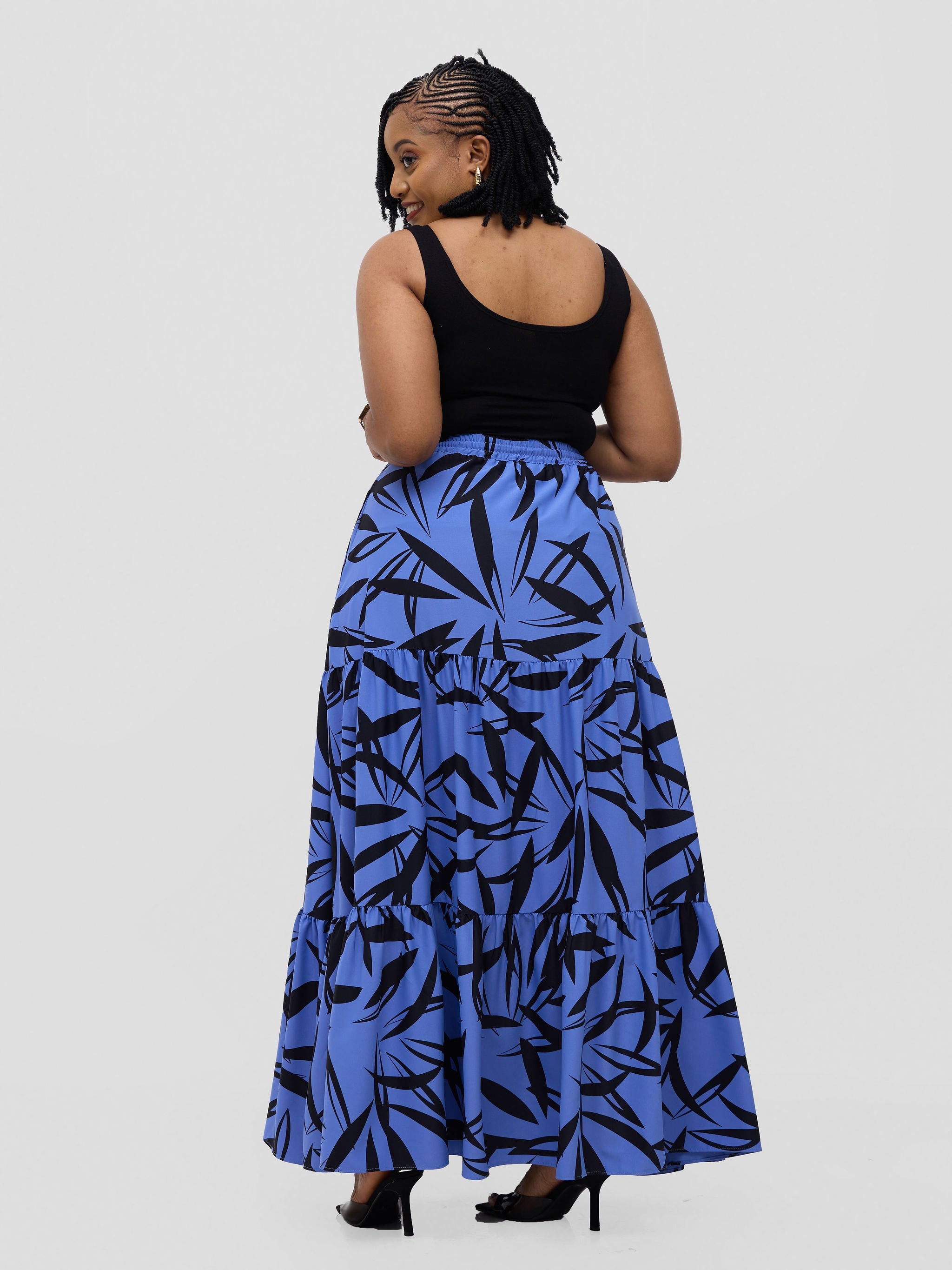 Vivo Serwa Tiered Maxi Skirt - Blue / Black Wera Print