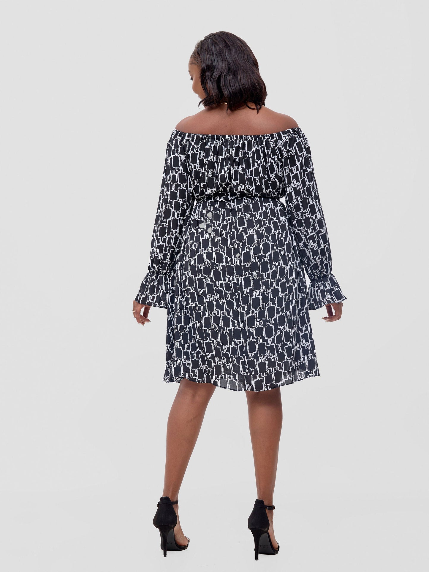 Vivo Jema Off Shoulder Tent Knee Length Dress - Black / White Print