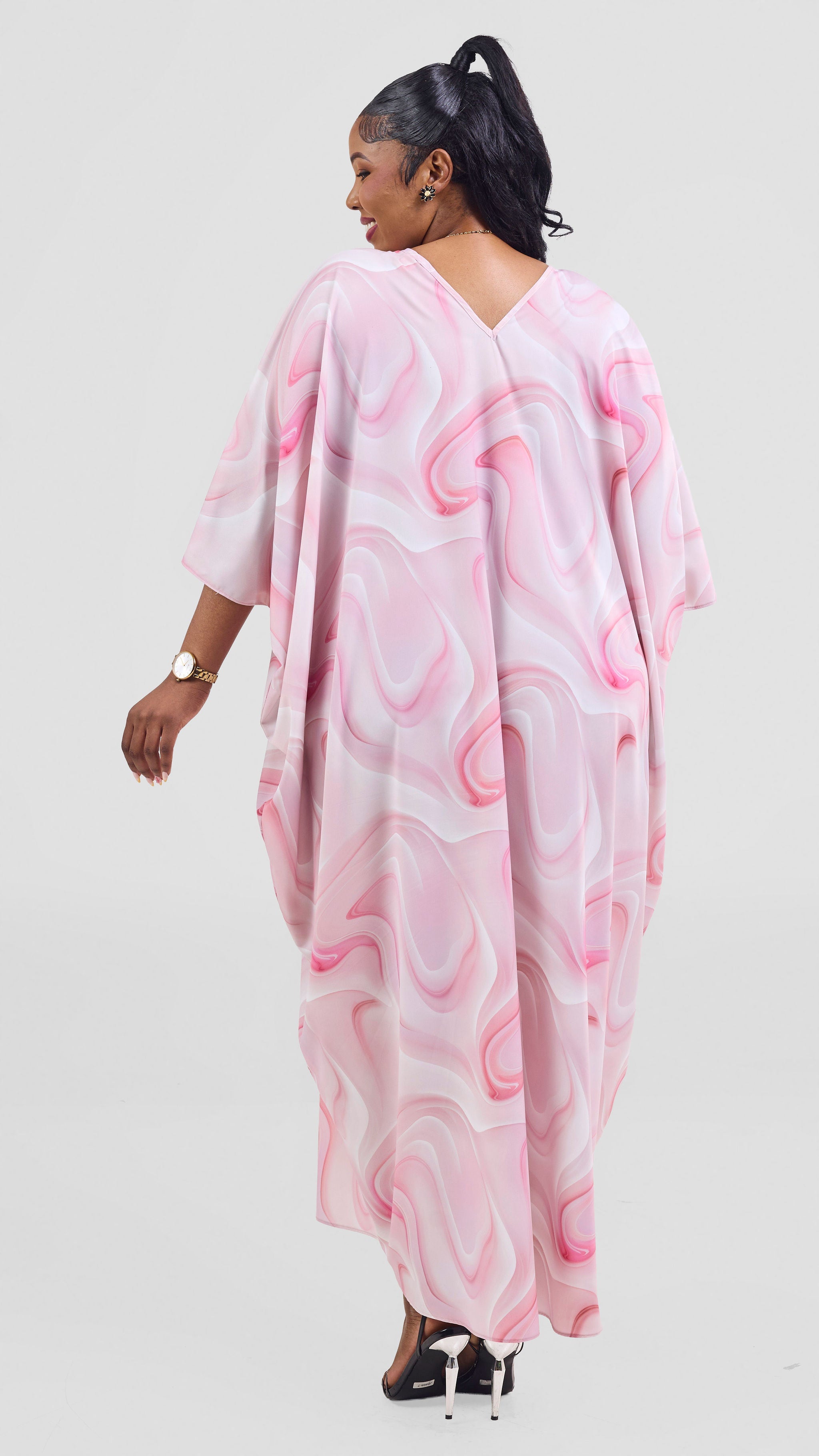 Vivo Keza V Neck Light Maxi Kaftan - Dusty Pink / Off White Print