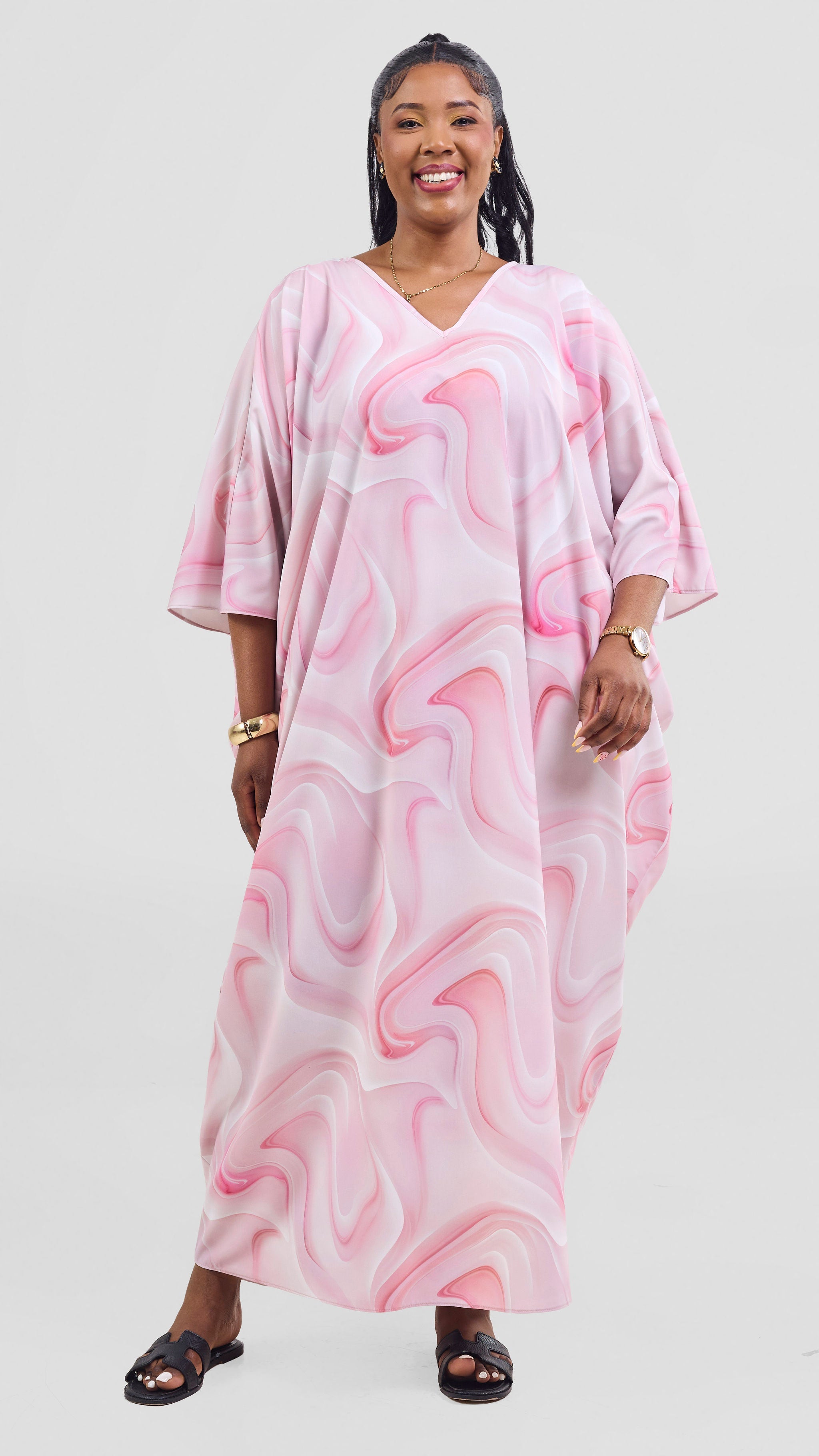 Vivo Keza V Neck Light Maxi Kaftan - Dusty Pink / Off White Print