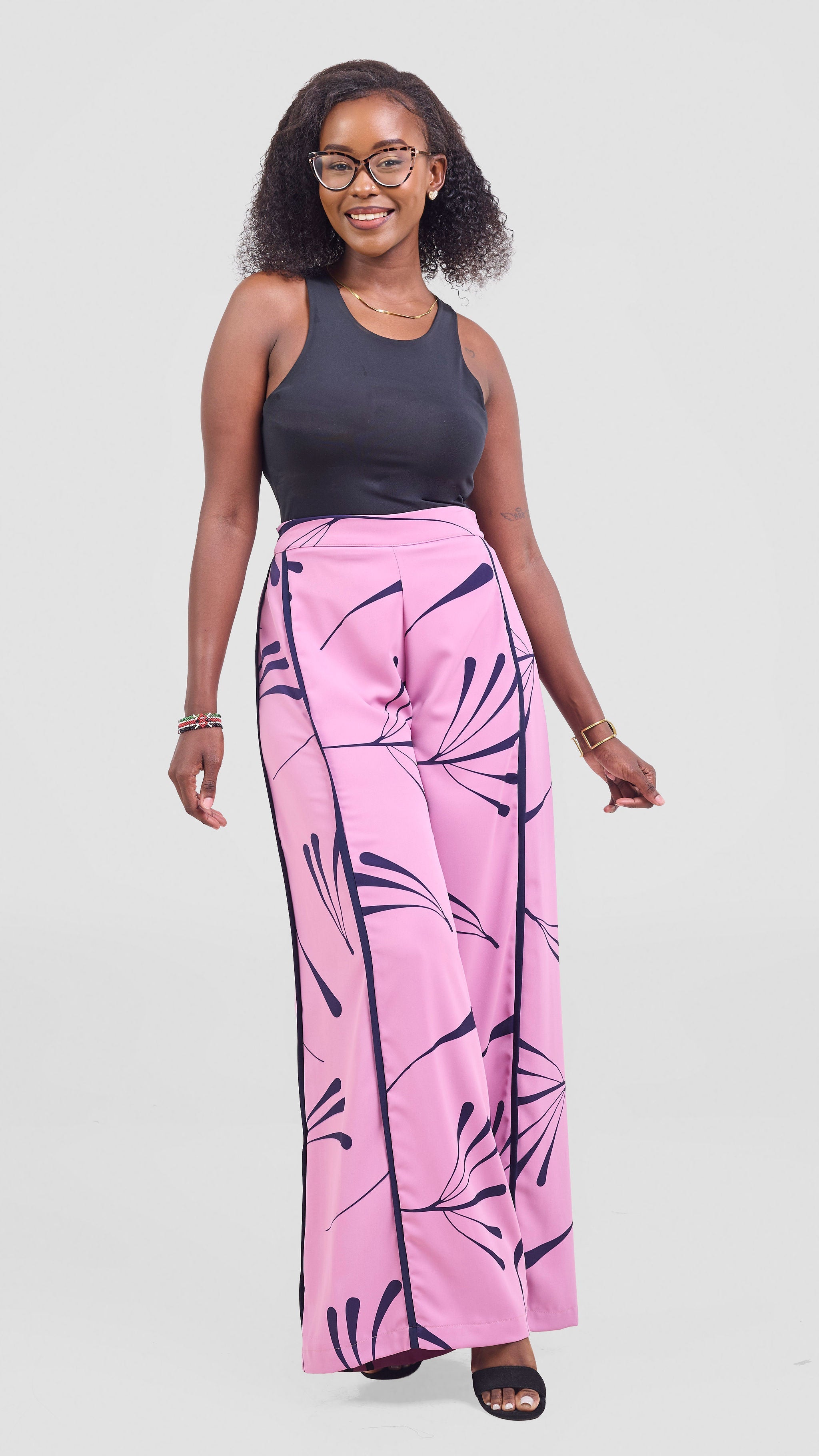 Vivo Nuru Side Panel Wide Leg Pants - Dusty Pink / Navy Uru Print