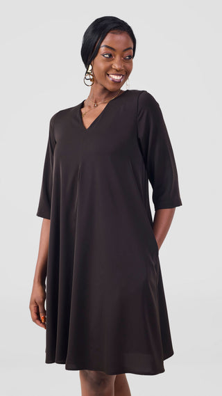 Vivo Kani 3/4 Sleeve Knee Length Dress - Chocolate Vivo Woman Uganda Vivo Kani 3/4 Sleeve Knee Length Dress - Chocolate Vivo Woman Uganda