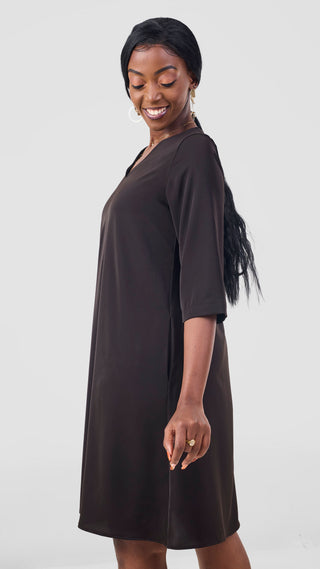 Vivo Kani 3/4 Sleeve Knee Length Dress - Chocolate