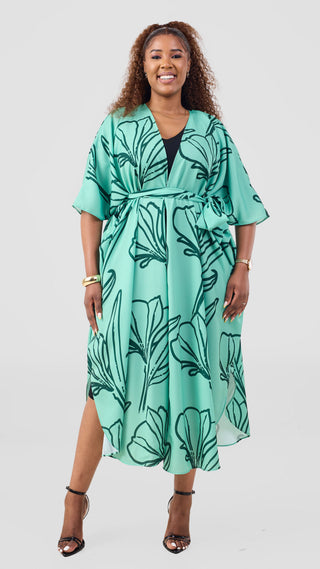 Vivo Basic Open Kaftan - Light Green / Dark Green Print