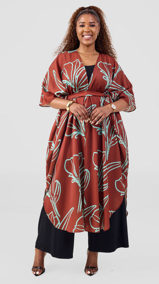 Vivo Basic Open Kaftan - Light Green / Rust Print