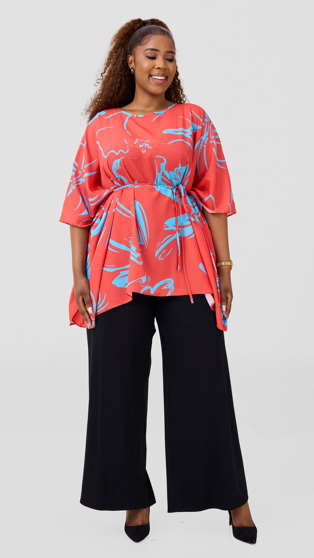 Vivo Basic Chiffon Tie Kaftan Top - Orange / Light Blue Nisa Print