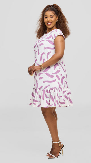 Vivo Dalia Cap Sleeve Gathered Dress - White / Lilac Nasi Print