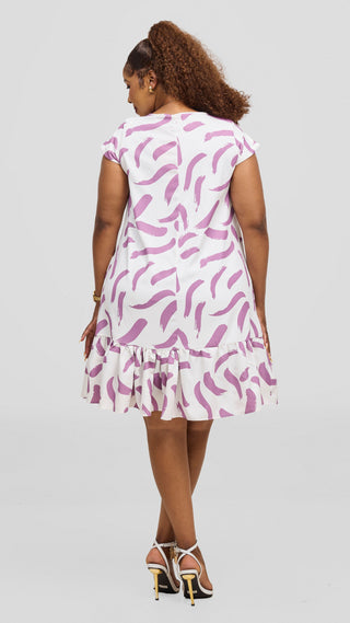 Vivo Dalia Cap Sleeve Gathered Dress - White / Lilac Nasi Print