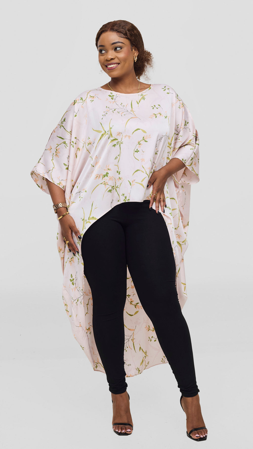 Vivo Hanabi Satin High Low Top - Light Pink / Olive Print