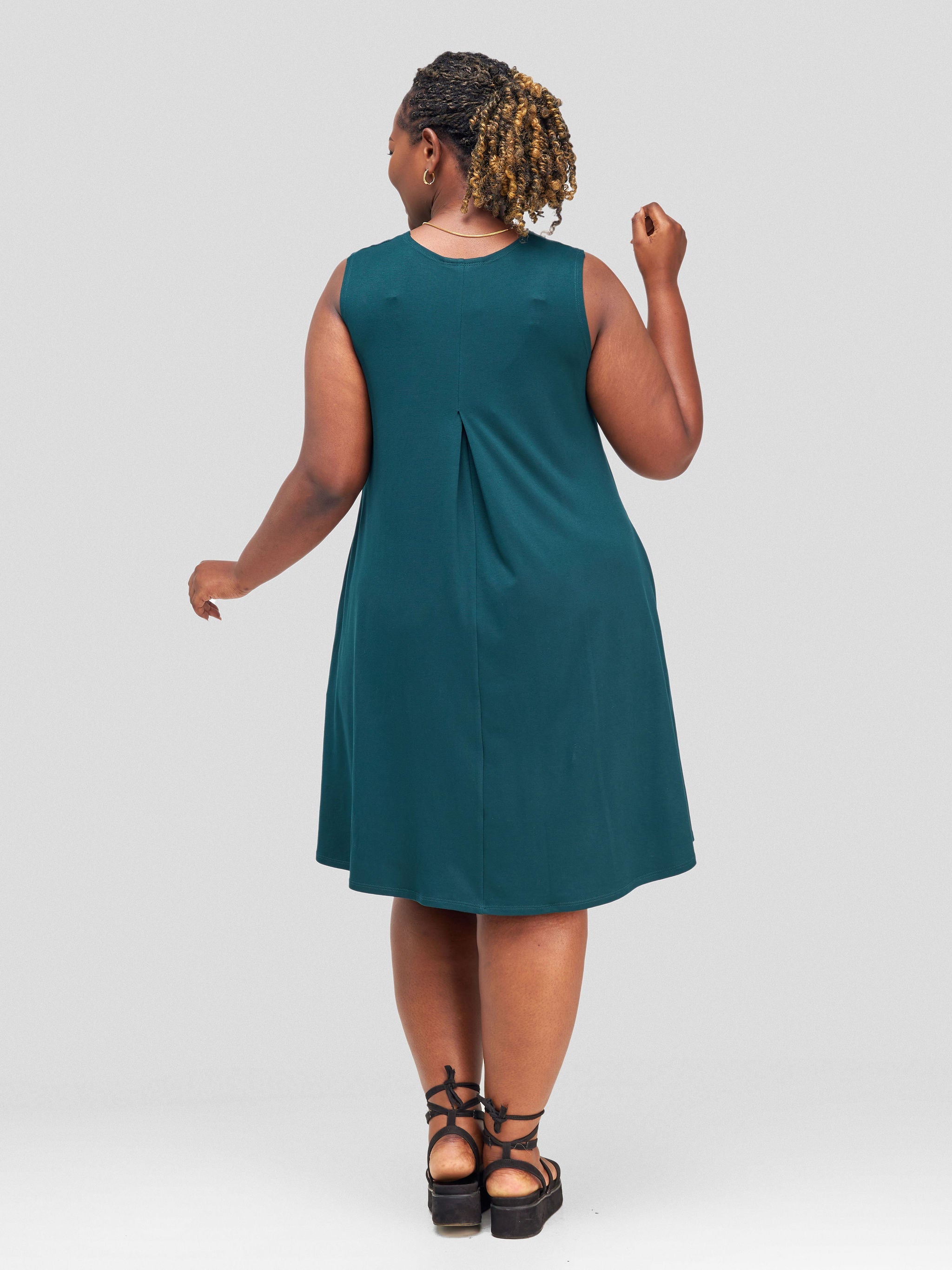 Vivo Basic Julia Back Pleat Knee Length Dress - Dark Green