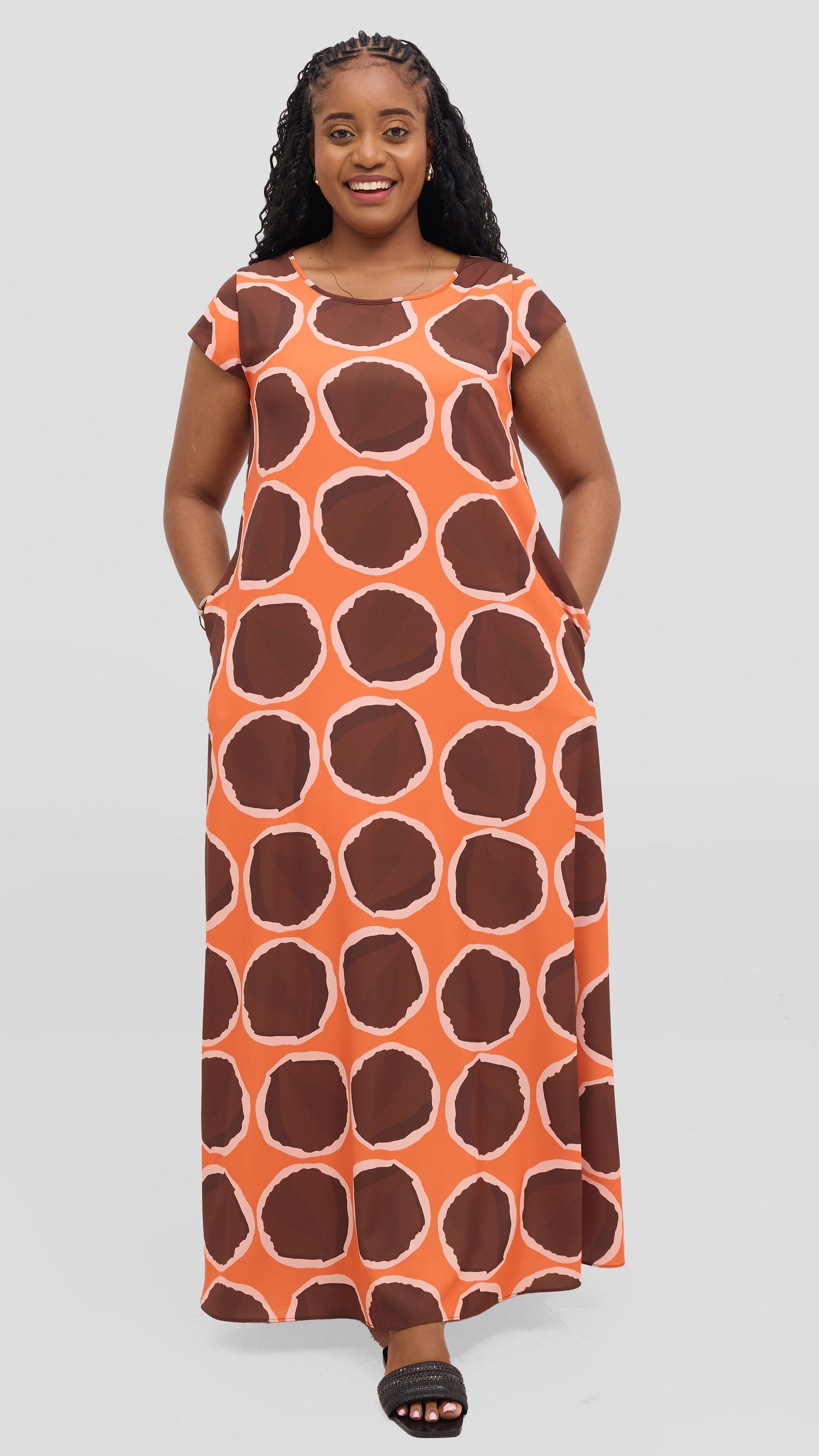 Vivo Basic Round Neck Maxi Dress - Chocolate / Orange