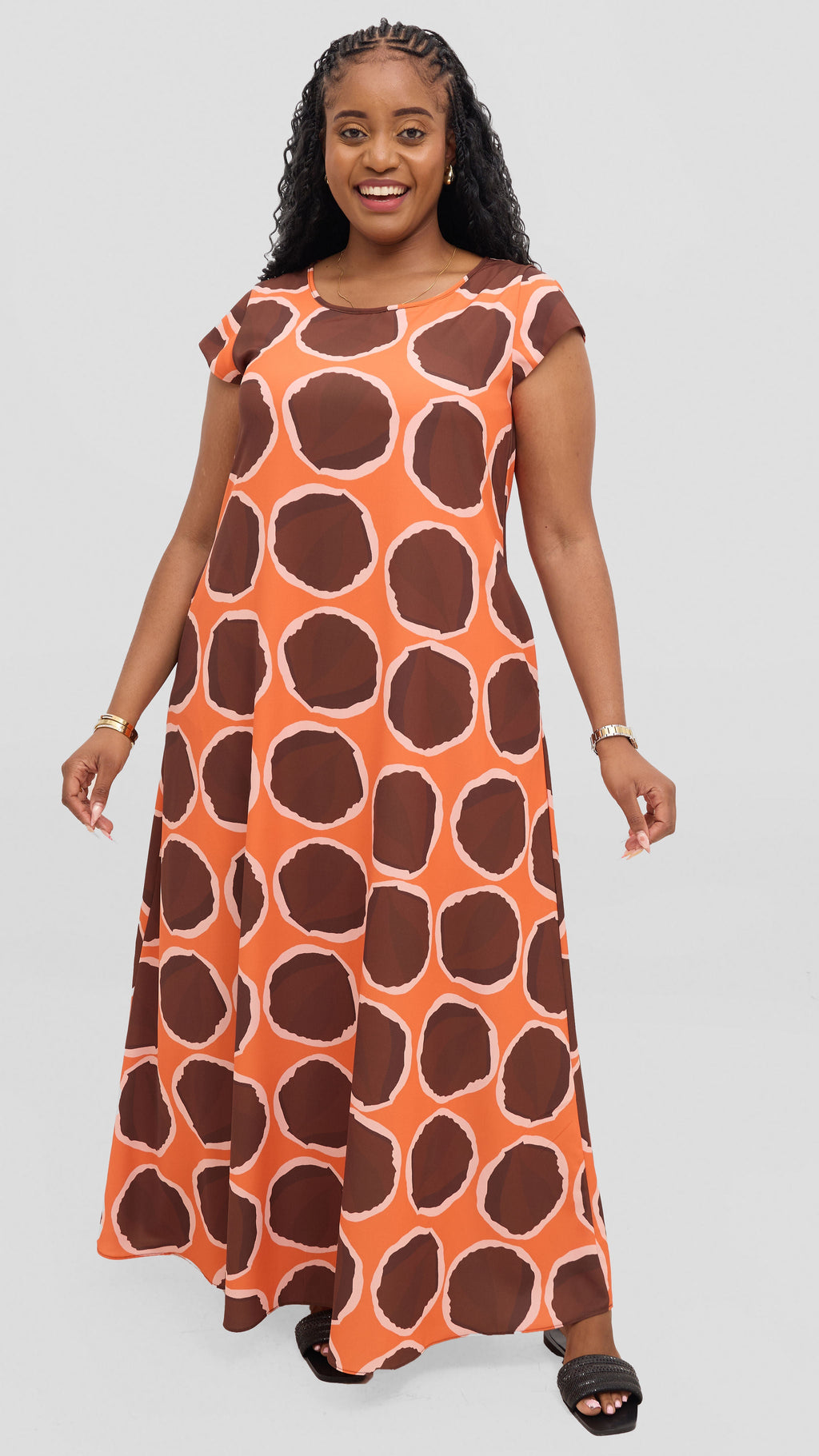 Vivo Basic Round Neck Maxi Dress - Chocolate / Orange