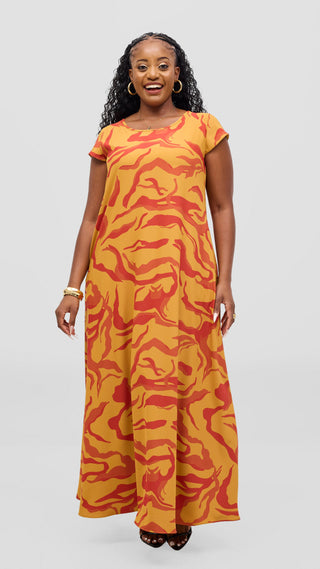 Vivo Basic Round Neck Maxi Dress - Mustard / Orange Ika Print