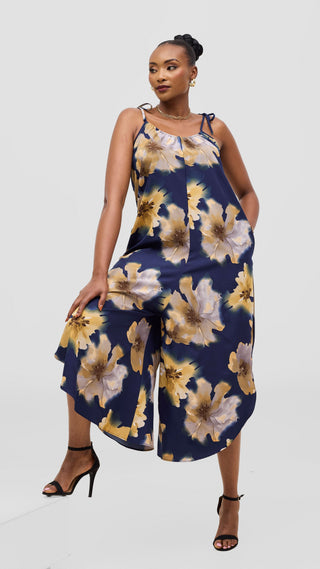 Vivo Liora Strappy Culotte Jumpsuit - Navy / Tan Print