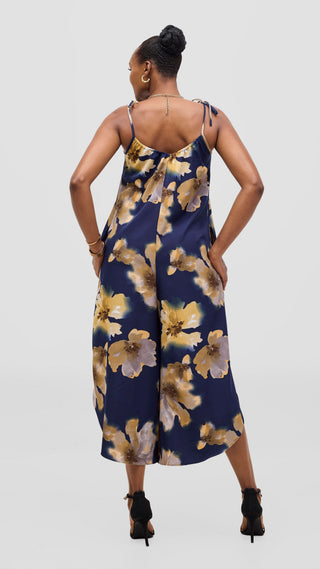 Vivo Liora Strappy Culotte Jumpsuit - Navy / Tan Print