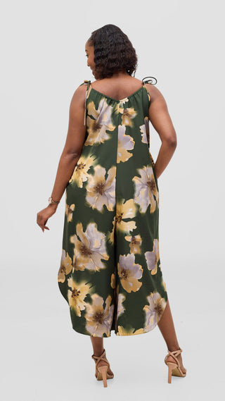 Vivo Liora Strappy Culotte Jumpsuit - Dark Green / Tan Print