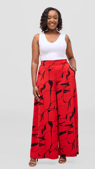Vivo Liora Wide Leg Pants - Red / Black Ziza Print