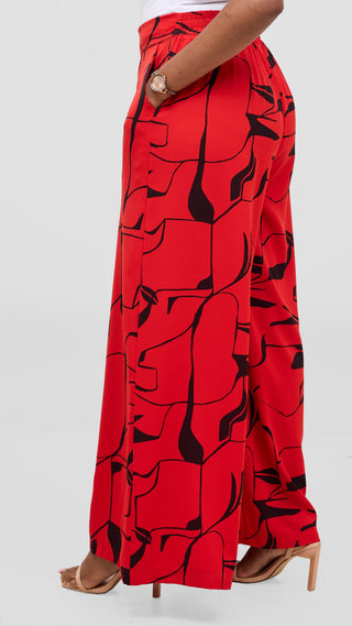 Vivo Liora Wide Leg Pants - Red / Black Ziza Print
