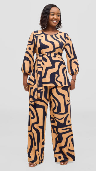 Vivo Kani Wide Leg Pants - Light Mustard / Navy Tamra Print