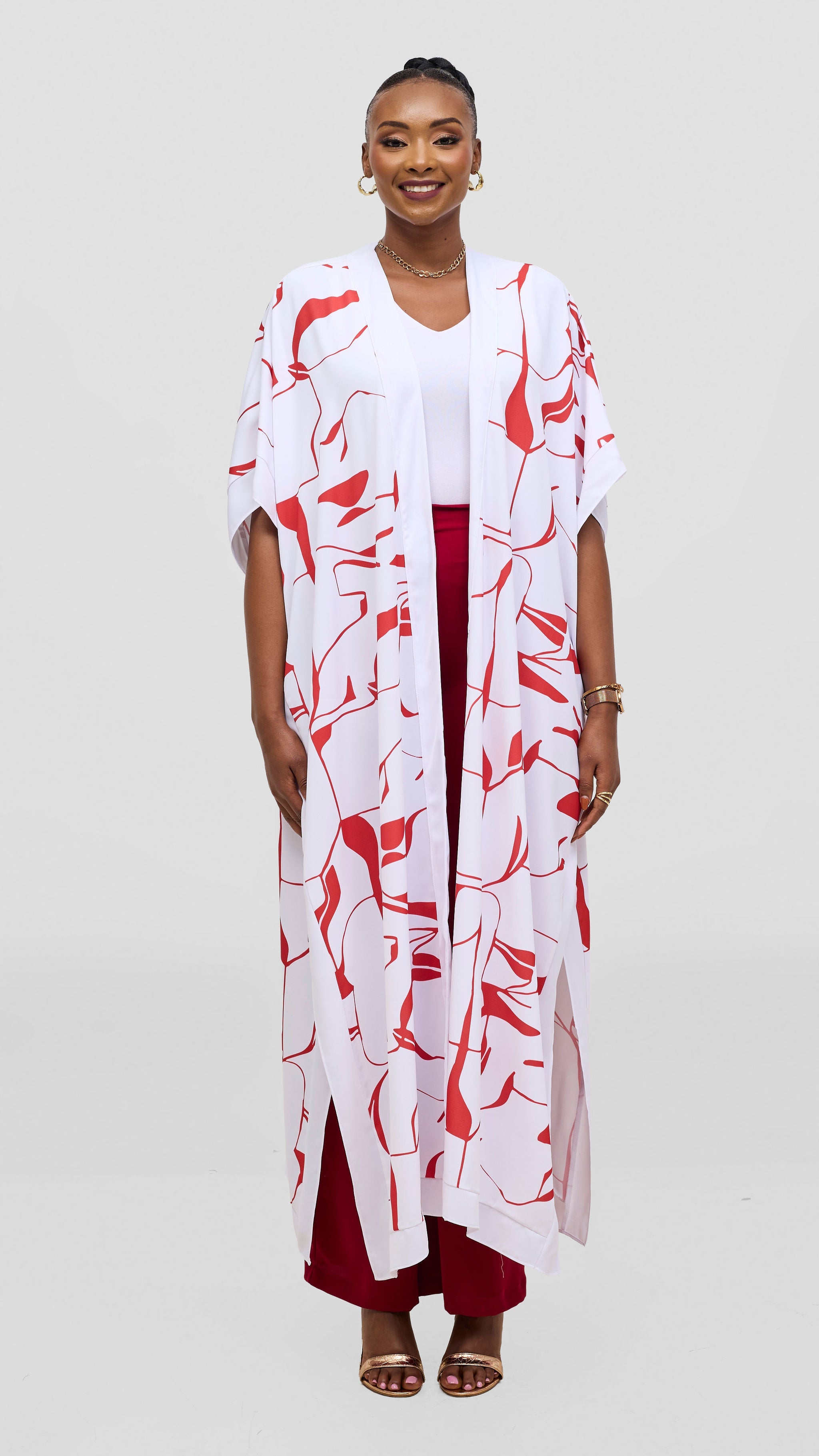 Vivo Liora Maxi Kimono - White / Red Ziza Print