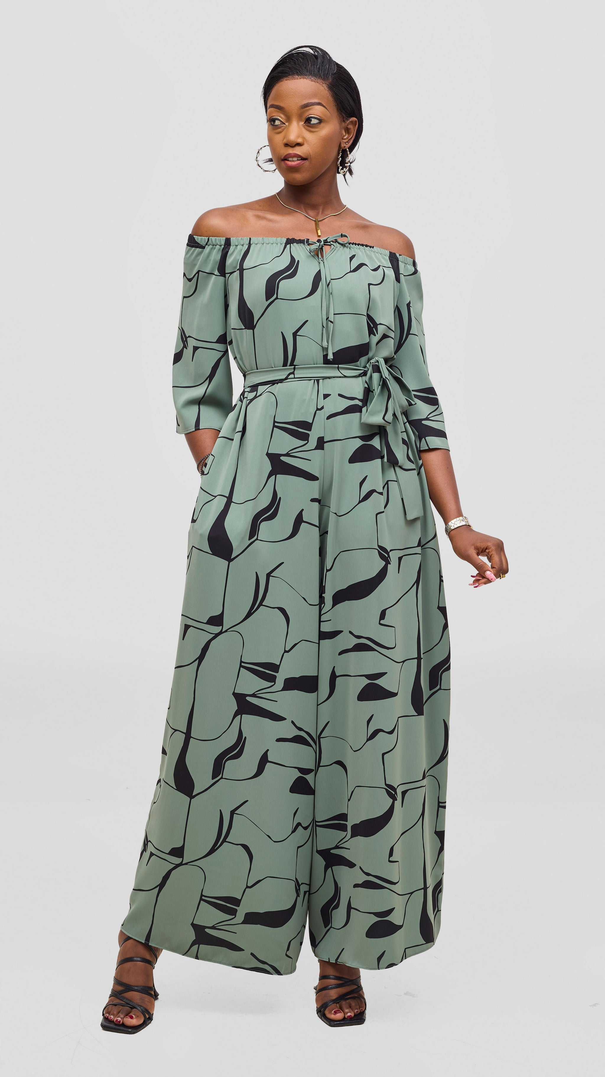 Vivo Zahari 3/4 Sleeve Off Shoulder Jumpsuit - Dusty Green / Black Ziza Print