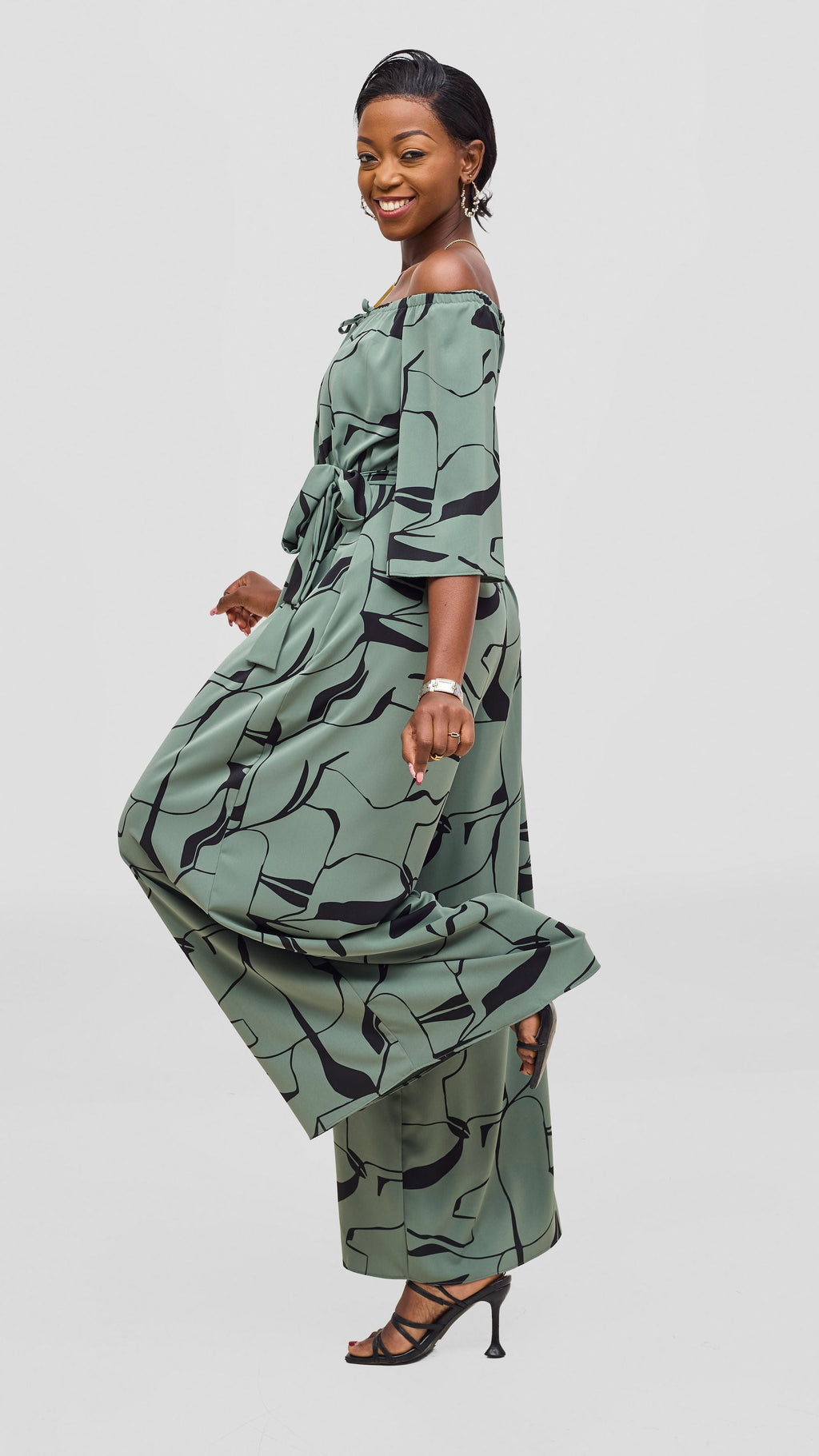 Vivo Zahari 3/4 Sleeve Off Shoulder Jumpsuit - Dusty Green / Black Ziza Print