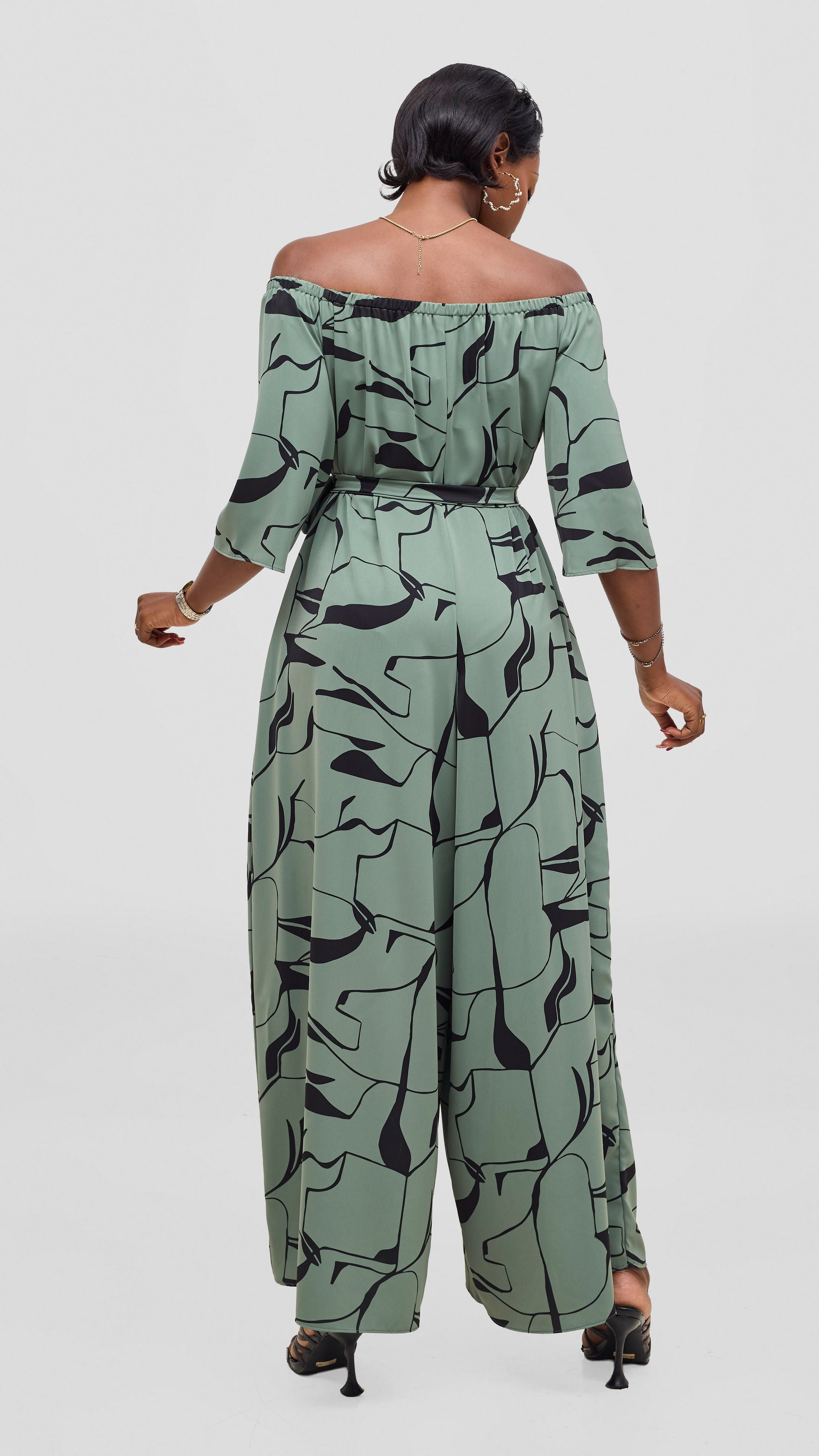 Vivo Zahari 3/4 Sleeve Off Shoulder Jumpsuit - Dusty Green / Black Ziza Print