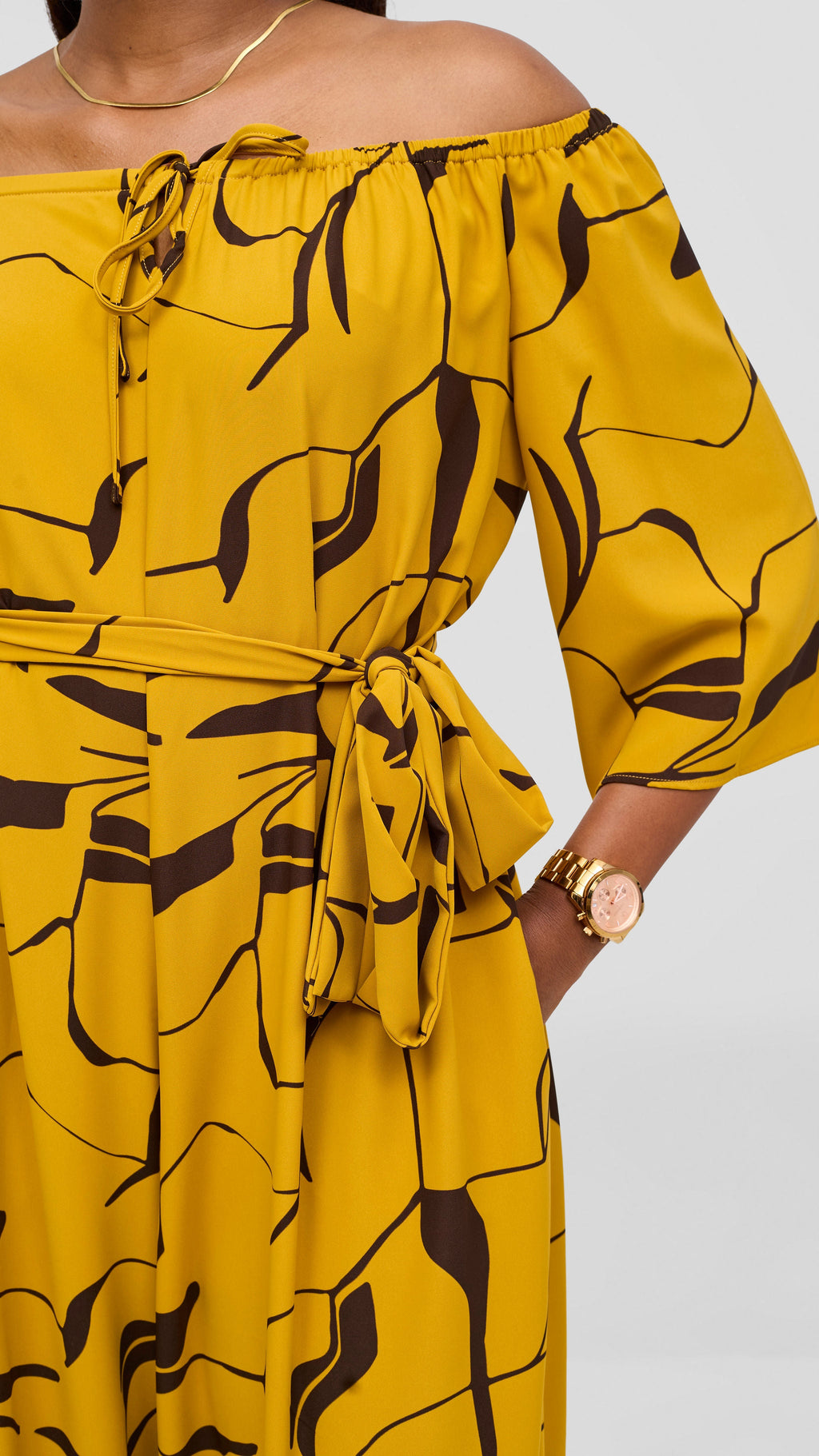 Vivo Zahari 3/4 Sleeve Off Shoulder Jumpsuit - Mustard / Chocolate Ziza Print