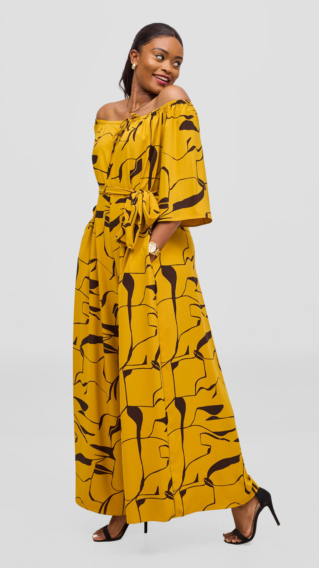 Vivo Zahari 3/4 Sleeve Off Shoulder Jumpsuit - Mustard / Chocolate Ziza Print